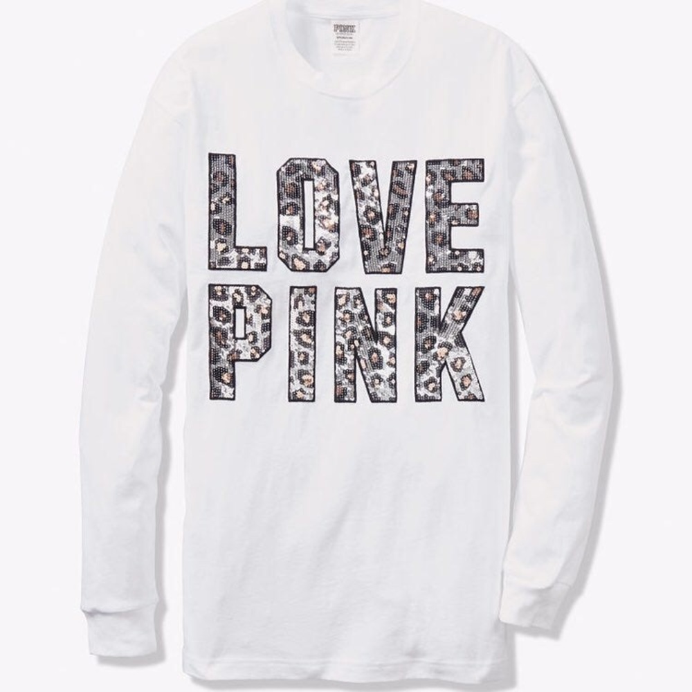 Vs pink bling white long sleeve campus tee
